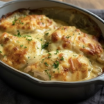 MELT IN YOUR MOUTH CHICKEN The chicken is nestled in a small oval ceramic baking dish with handles, fresh from the oven. The sauce looks rich, smooth, and glossy, clinging to the chicken, with light golden cheese blistering and a few darker caramelized spots. Garnished with finely chopped fresh parsley for color contrast. Set on a rustic wooden table with a soft dark linen underneath the dish for warmth and depth. Warm natural lighting, shallow depth of field, cozy home-cooked feel. Sharp focus, high detail, mouth-watering texture. Vertical composition, no text, no watermark, no hands, no extra props.