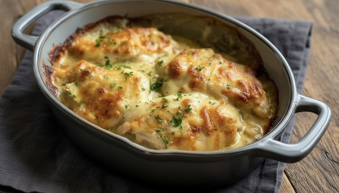 MELT IN YOUR MOUTH CHICKEN The chicken is nestled in a small oval ceramic baking dish with handles, fresh from the oven. The sauce looks rich, smooth, and glossy, clinging to the chicken, with light golden cheese blistering and a few darker caramelized spots. Garnished with finely chopped fresh parsley for color contrast. Set on a rustic wooden table with a soft dark linen underneath the dish for warmth and depth. Warm natural lighting, shallow depth of field, cozy home-cooked feel. Sharp focus, high detail, mouth-watering texture. Vertical composition, no text, no watermark, no hands, no extra props.