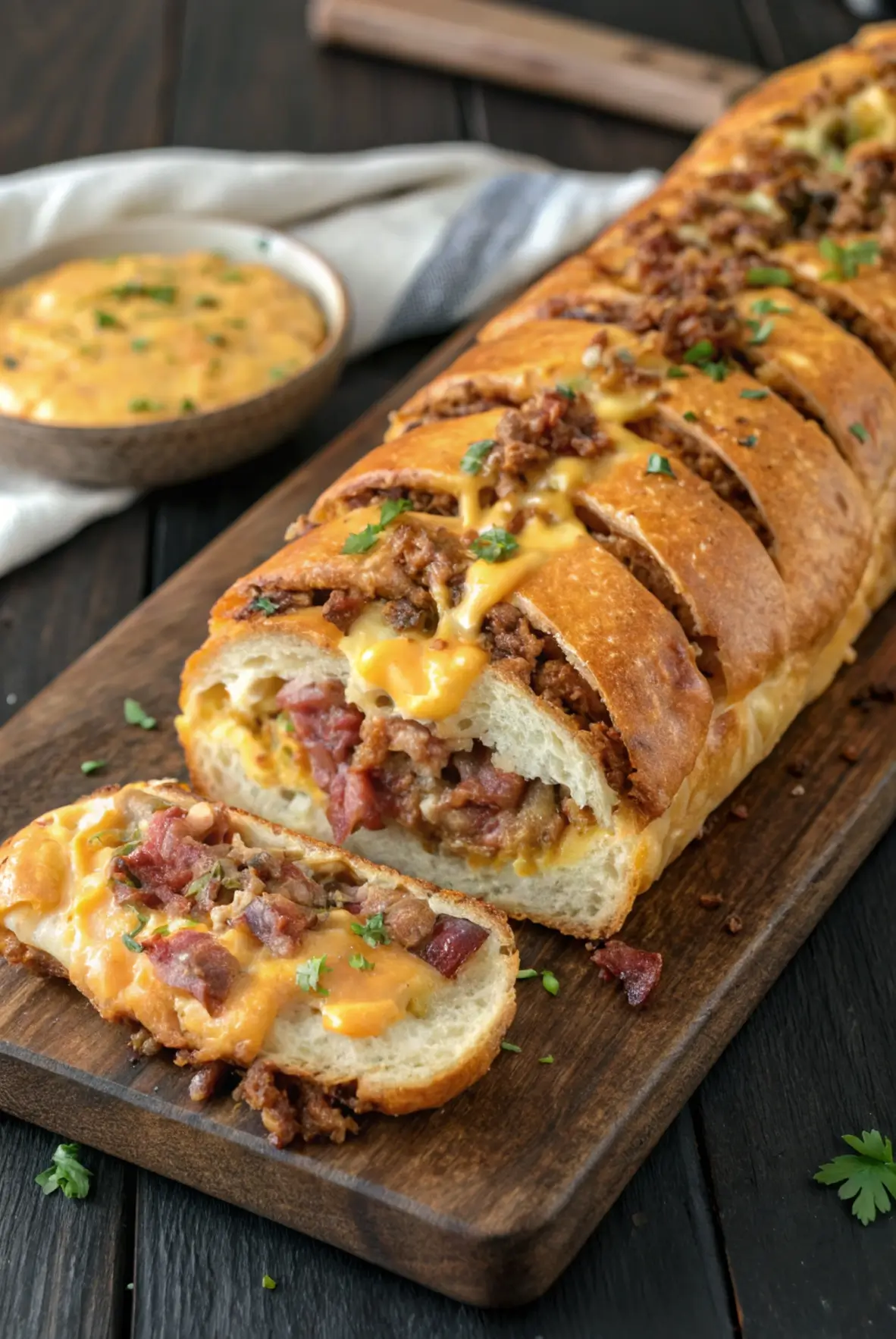 A detailed, eye-level photograph captures a substantial, long-loaf 'Garbage Bread' on a rustic, dark wooden serving board set against a dark, slightly blurred wooden table background. The bread, which looks like a long, crusty Italian or French loaf, is deeply stuffed with a rich filling of seasoned ground meat mixed with melted orange cheddar and Monterey Jack cheese, and topped with crispy bacon crumbles and a scattering of fresh, finely chopped parsley. The entire length of the loaf is deeply scored with crosswise cuts, allowing the filling and melted cheese to bubble up and reveal the layers of meat and cheese. A large slice has been cut from the right end of the loaf and rests just in front, showcasing the dense, savory, cheesy interior and substantial portion. In the upper right background, a small, white ceramic bowl holds a generous dollop of honey-mustard dipping sauce, next to a larger dark bowl that is out of focus. The scene is warmly lit, as if by daylight from a nearby window, enhancing the rich colors of the browned bread, cooked meat, vibrant cheese, and fresh herbs. The photograph is shot with a clear, sharp focus on the central garbage bread and the cut slice in the foreground.