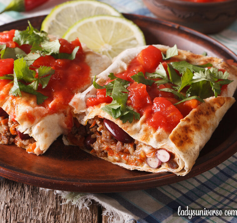 Chimichanga,With,Ground,Meat,,Beans,And,Cheese,Close-up,On,The