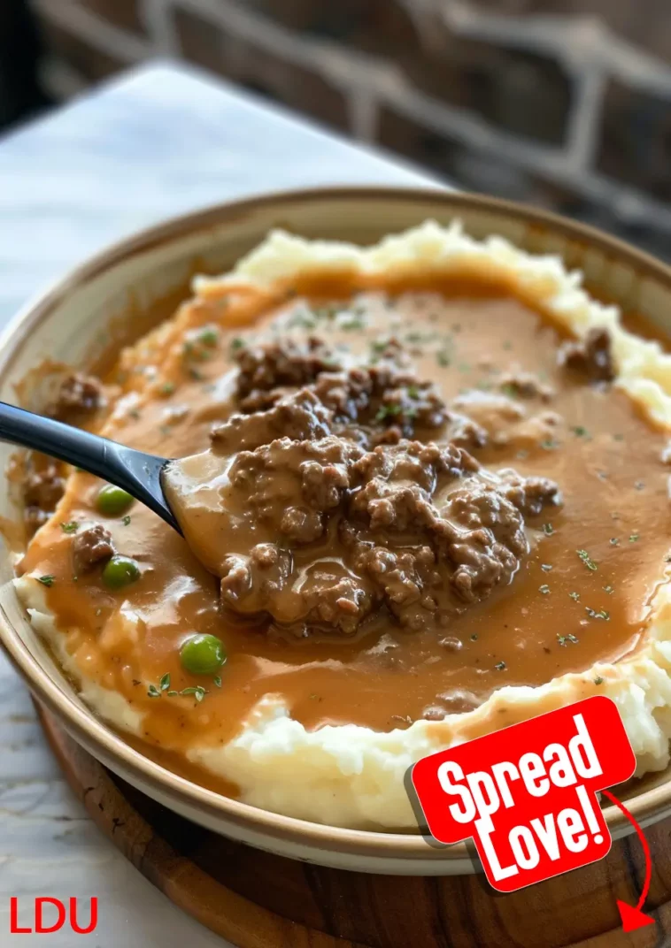 Ground Beef and Gravy Over Mashed Potatoes