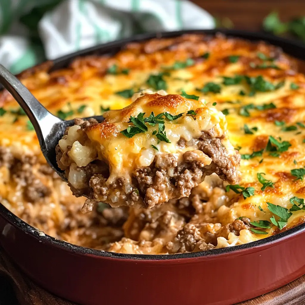 Cheesy Ground Beef and Rice Casserole is one of those go-to dishes that you can whip up on a busy weeknight and still have everyone asking for seconds. I remember the first time I made it, I was just trying to use up some ground beef and rice, and it ended up being one of those unexpected hits at the dinner table. You know the kind—where people go quiet because they’re too busy eating? That’s when you know you’ve nailed it! It's cheesy, comforting, and easy enough that you don’t need to spend hours in the kitchen. Plus, it’s one of those meals that you can easily tweak depending on what you’ve got in your fridge.

This casserole is the definition of comfort food: warm, cheesy, and filling. I mean, who doesn’t love melted cheese over anything? The beef, rice, and tomatoes get all cozy in the oven, soaking up the flavors of garlic and Italian seasoning. Then, you stir in some sour cream and a big handful of shredded cheese to make it extra creamy before topping it off with even more cheese. It’s basically everything you want after a long day.

Equipment
Large skillet
9×13-inch baking dish
Measuring cups and spoons
Knife and cutting board
Wooden spoon or spatula
Ingredients
1 pound ground beef
1 onion, diced
2 cloves garlic, minced
1 cup long-grain white rice, uncooked
2 cups beef broth
1 can (14.5 ounces) diced tomatoes, drained
1 teaspoon Italian seasoning
Salt and pepper, to taste
2 cups shredded cheddar cheese
½ cup sour cream
Directions
Preheat the oven: Heat your oven to 350°F (175°C) and grease a 9×13-inch baking dish. You don’t want all that cheesy goodness sticking to the dish!
Cook the beef: In a large skillet over medium heat, cook the ground beef, diced onion, and garlic. Stir occasionally until the beef is browned and the onion is soft. Drain the excess fat because nobody wants a greasy casserole.
Add the rice and liquids: Stir in the uncooked rice, beef broth, diced tomatoes, Italian seasoning, salt, and pepper. Bring everything to a boil, then reduce the heat to low. Cover and let it simmer for about 15-20 minutes, or until the rice is fully cooked and most of the liquid has been absorbed.
Get cheesy: Once the rice is done, take the skillet off the heat and stir in the sour cream and half of the shredded cheddar cheese. This step makes everything creamy and delicious.
Assemble the casserole: Pour the mixture into the prepared baking dish and spread it out evenly. Top with the remaining cheddar cheese, because let’s be honest, more cheese is always better.
Bake: Pop it in the oven and bake for 25-30 minutes, until the cheese on top is melted, bubbly, and maybe even a little golden if you’re into that.
Serve: Let it cool for a few minutes, then serve it up while it’s still warm and gooey. Trust me, this is comfort food at its finest!
Tips:
Spice it up: If you want a little kick, toss in some red pepper flakes or chopped jalapeños with the beef.
Add some veggies: Feel free to throw in whatever veggies you have on hand, like bell peppers, spinach, or even some frozen corn. It’s an easy way to sneak in some extra nutrition.
Cheese swaps: Try swapping out some of the cheddar for mozzarella or pepper jack for a different flavor profile. It’ll still be super cheesy and delicious.
Serving Suggestions
This casserole is hearty enough to stand on its own, but it also pairs well with a fresh salad or some steamed veggies. And if you’re like me, a slice of garlic bread never hurt anyone—because let’s face it, more carbs are always welcome.

FAQs
1. Can I use a different kind of rice?
Yes, you can use brown rice, but you’ll need to adjust the cooking time and possibly add more broth since brown rice takes longer to cook.

2. Can I make this ahead of time?
Absolutely! You can prep the casserole and refrigerate it before baking. When you’re ready to eat, just bake it as directed, though you might need to add a few extra minutes if it’s coming straight from the fridge.

3. Can I freeze leftovers?
Definitely. This casserole freezes well. Just make sure it’s fully cooled, then store it in an airtight container or wrap it tightly in foil. When you're ready to eat, thaw it in the fridge and reheat in the oven.

4. What else can I add?
Get creative! You can add veggies like broccoli, spinach, or mushrooms, or toss in some cooked bacon or sausage for an extra hit of flavor.

Final Thoughts
This Cheesy Ground Beef and Rice Casserole is one of those meals that’s going to find its way into your regular rotation. It’s simple, customizable, and always hits the spot. Plus, it’s kid-approved, so you know it’s a winner! Whether you’re feeding a crowd or just looking for something cozy and comforting to serve the family, this dish is a sure bet.