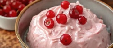 Pink Cherry Jell-O Fluff in bowl with whipped topping