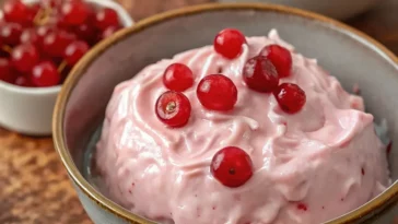 Pink Cherry Jell-O Fluff in bowl with whipped topping