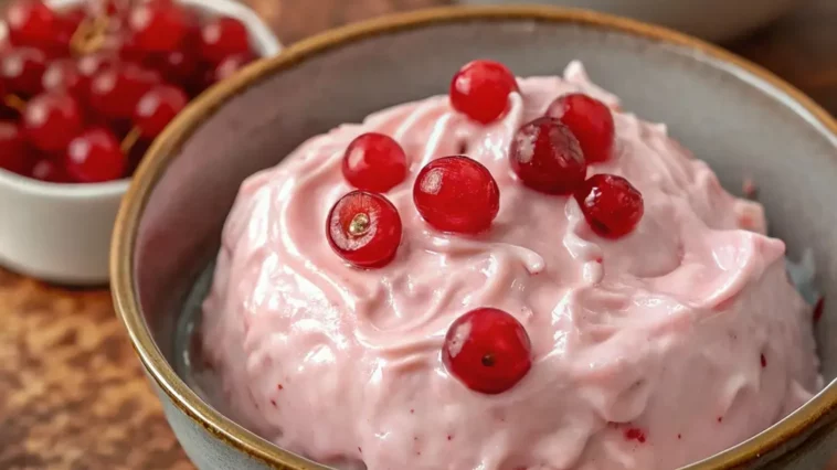 Pink Cherry Jell-O Fluff in bowl with whipped topping
