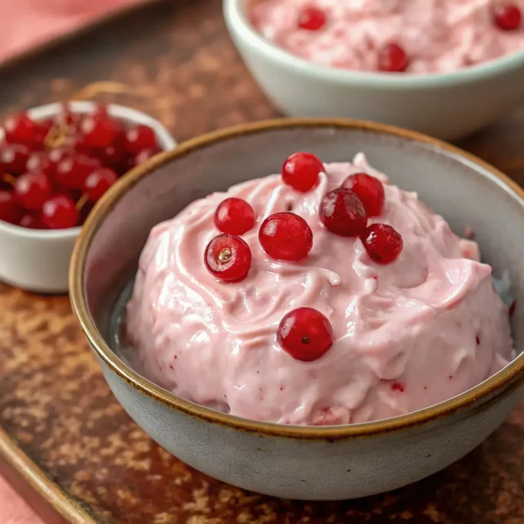 Pink Cherry Jell-O Fluff in bowl with whipped topping