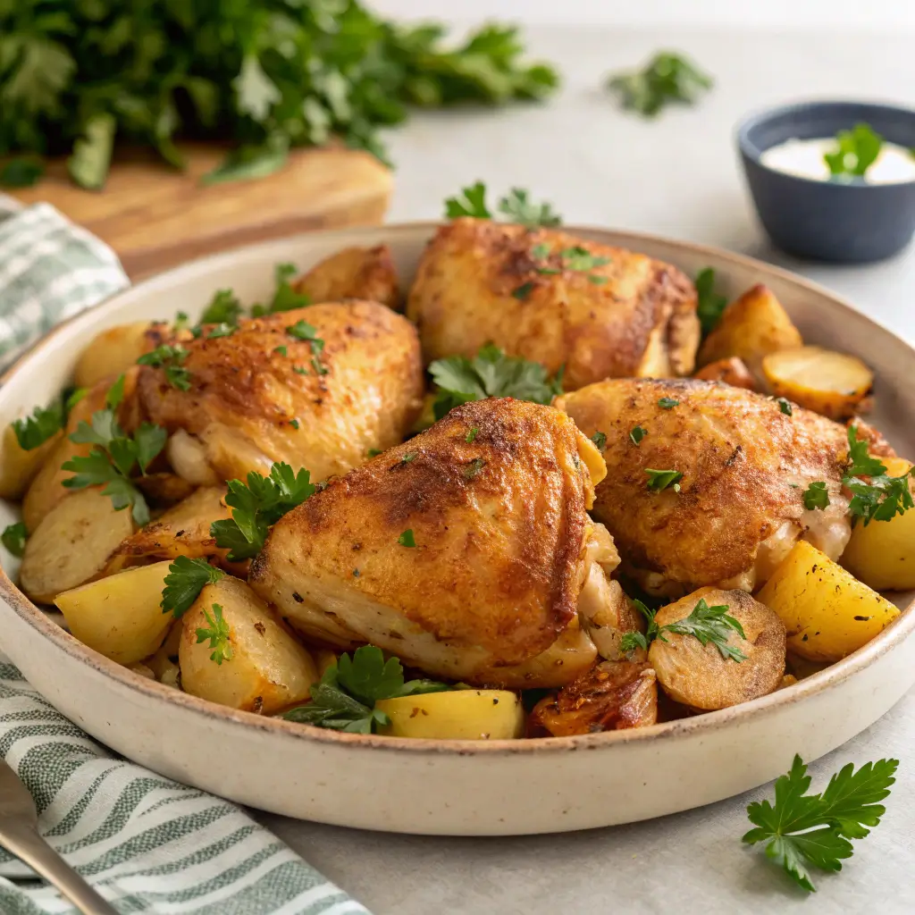 finished-chicken-thighs-with-potatoes-garnished-wi