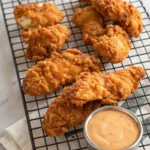 Crispy Copycat Raising Cane’s Chicken tenders with dipping sauce and fries