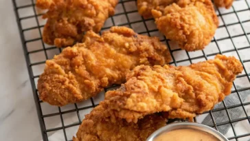 Crispy Copycat Raising Cane’s Chicken tenders with dipping sauce and fries