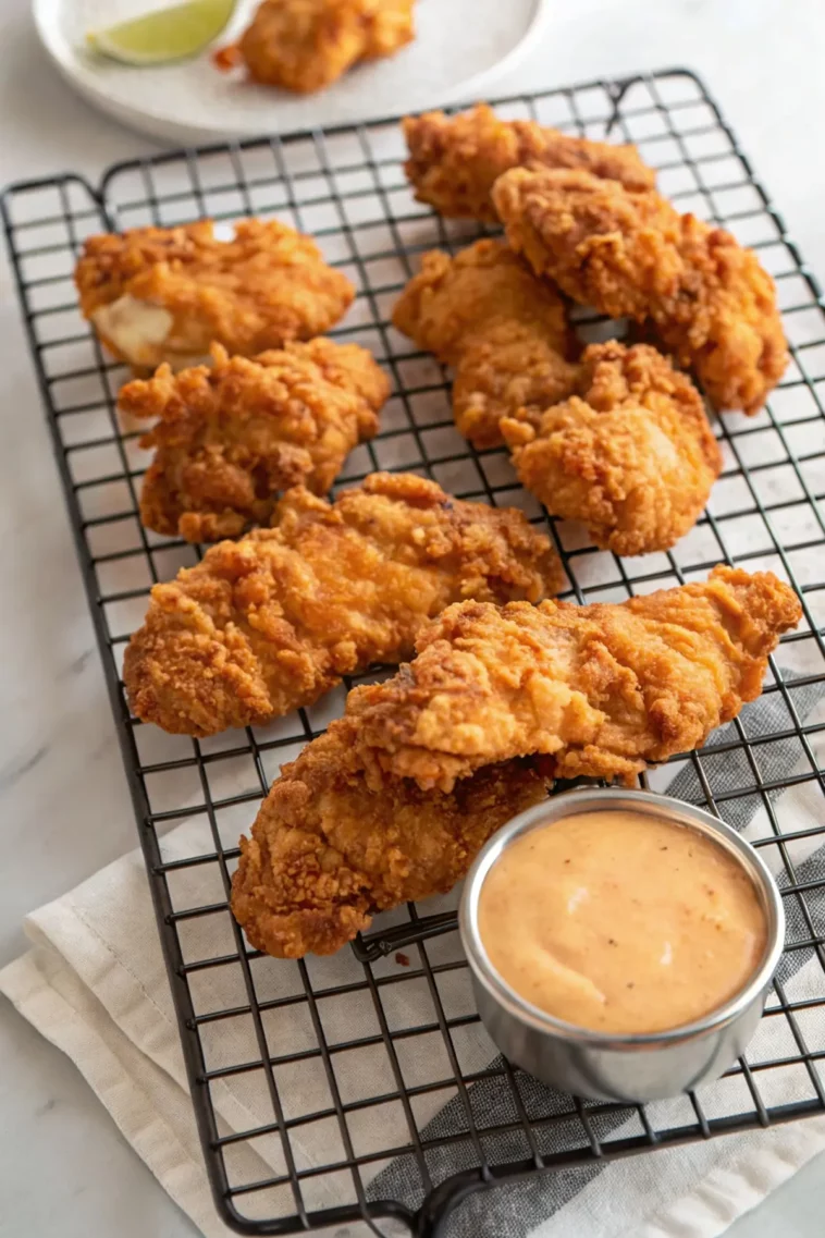Crispy Copycat Raising Cane’s Chicken tenders with dipping sauce and fries