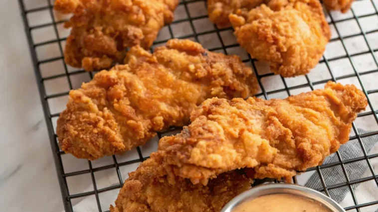 Crispy Copycat Raising Cane’s Chicken tenders with dipping sauce and fries