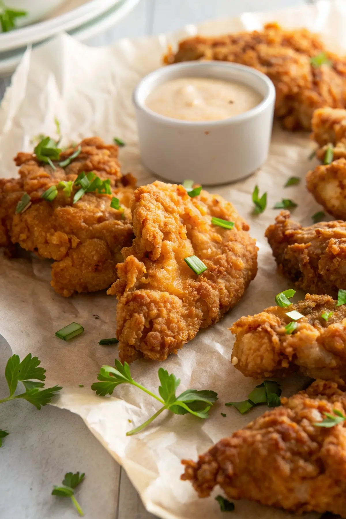 Crispy Copycat Raising Cane’s Chicken tenders with dipping sauce and fries