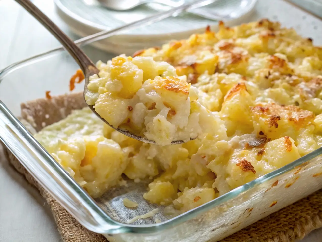 Baked potato onion casserole in white dish with golden melted cheese on top and visible layers of tender potatoes and onions