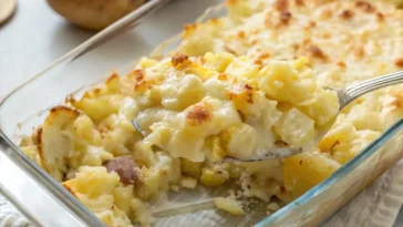 Baked potato onion casserole in white dish with golden melted cheese on top and visible layers of tender potatoes and onions