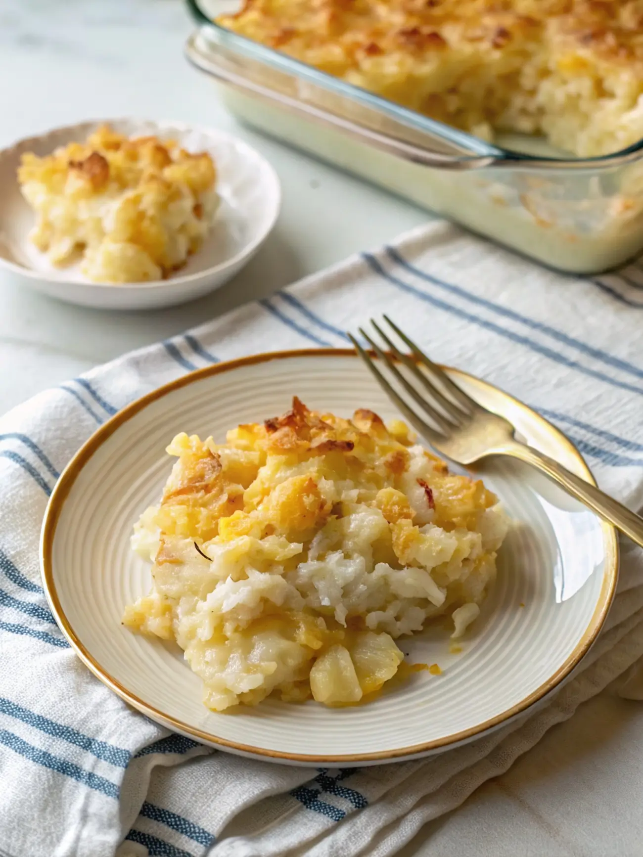 Baked potato onion casserole in white dish with golden melted cheese on top and visible layers of tender potatoes and onions