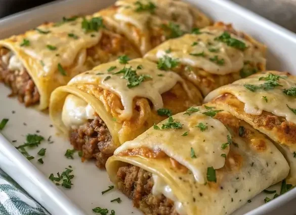 Stack of golden brown Mexican pancakes with butter melting on top and fresh strawberries on a white plate