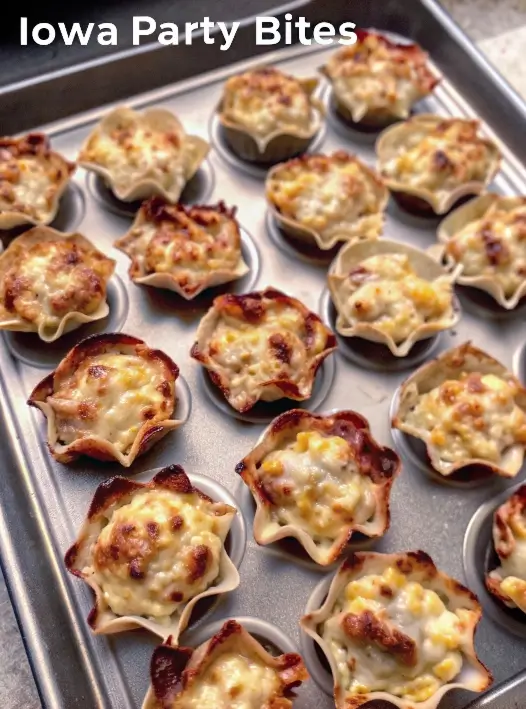 Plate of golden brown Iowa party bites showing sausage and pickle filling wrapped in crescent dough

