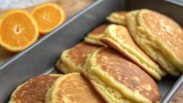Stack of golden brown Mexican pancakes with butter melting on top and fresh strawberries on a white plate
