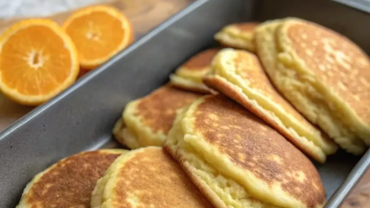 Stack of golden brown Mexican pancakes with butter melting on top and fresh strawberries on a white plate