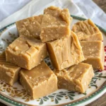 Golden brown Scottish tablet candy cut into small squares on parchment paper showing crumbly texture
