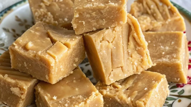 Golden brown Scottish tablet candy cut into small squares on parchment paper showing crumbly texture