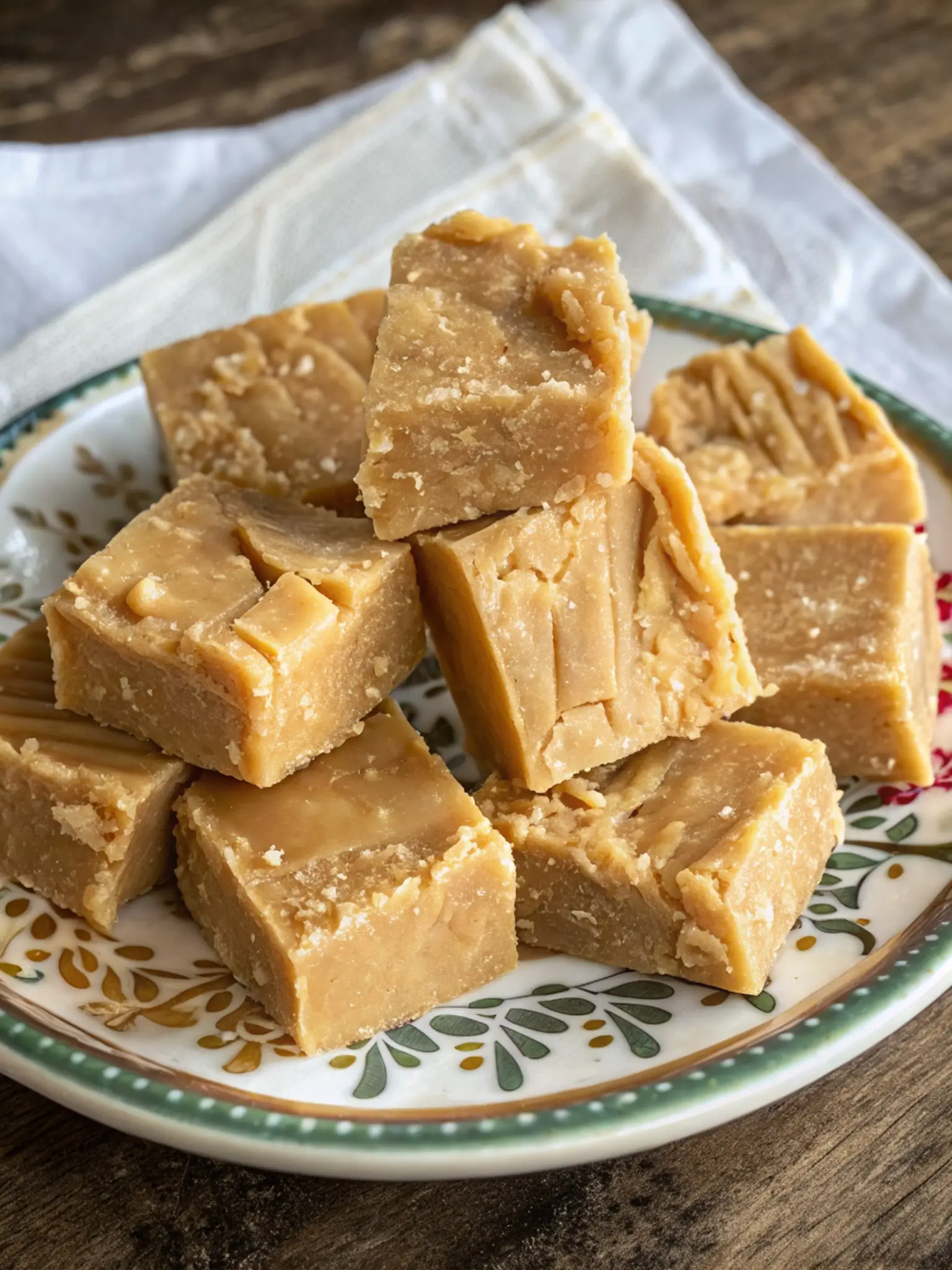 Golden brown Scottish tablet candy cut into small squares on parchment paper showing crumbly texture