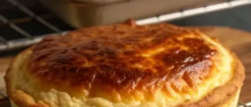 Baked egg casserole with melted cheese and cream cheese in a white baking dish with golden brown top