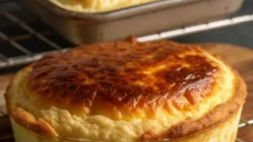 Baked egg casserole with melted cheese and cream cheese in a white baking dish with golden brown top