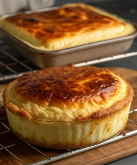 Baked egg casserole with melted cheese and cream cheese in a white baking dish with golden brown top