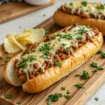 Sliced sloppy joe garlic bread on a wooden cutting board topped with melted cheese and ground beef mixture