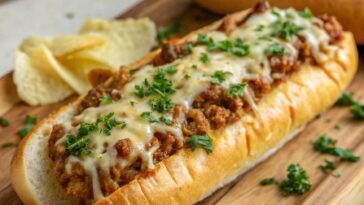 Sliced sloppy joe garlic bread on a wooden cutting board topped with melted cheese and ground beef mixture