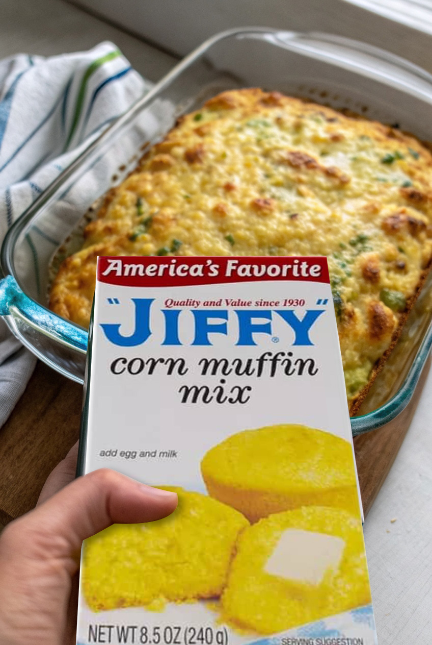  Zucchini cornbread casserole in a baking dish with melted cheddar cheese on top and golden brown edges