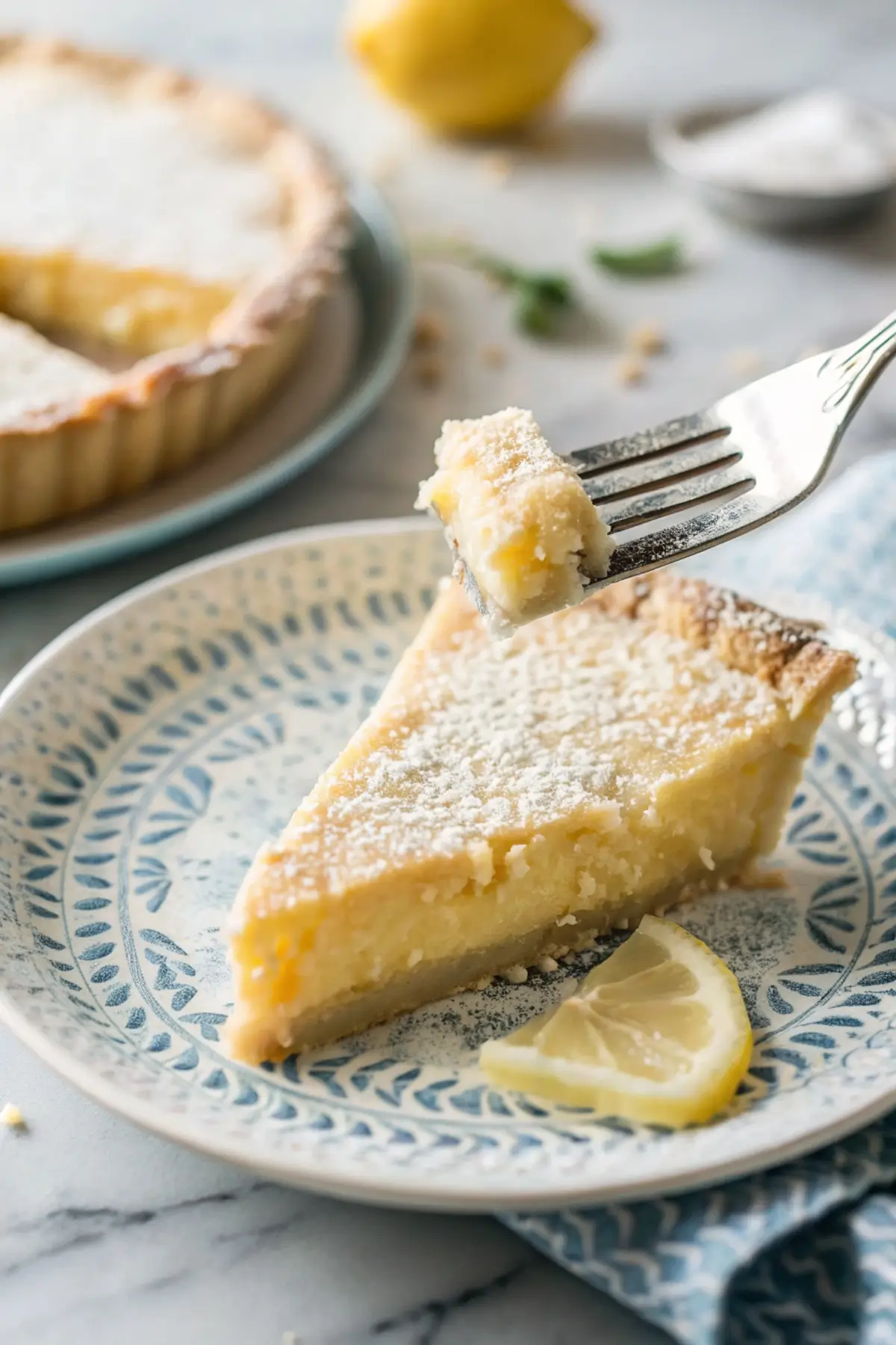 Slice of blender lemon pie on white plate with whipped cream / Lemon pie filling being poured from blender into graham cracker crust / Whole lemon pie with golden top cooling on wire rack