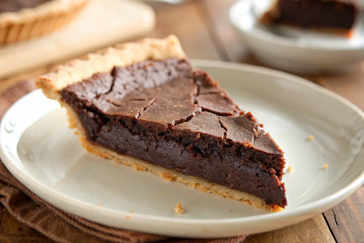 Slice of rich chocolate pie with whipped cream topping and chocolate shavings on a white plate with a fork