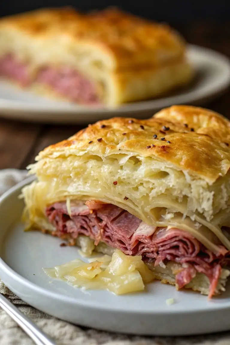 Baked crescent Reuben casserole in dish with golden brown top and layers of corned beef, sauerkraut, and melted cheese visible