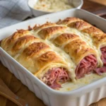 Baked crescent Reuben casserole in dish with golden brown top and layers of corned beef, sauerkraut, and melted cheese visible