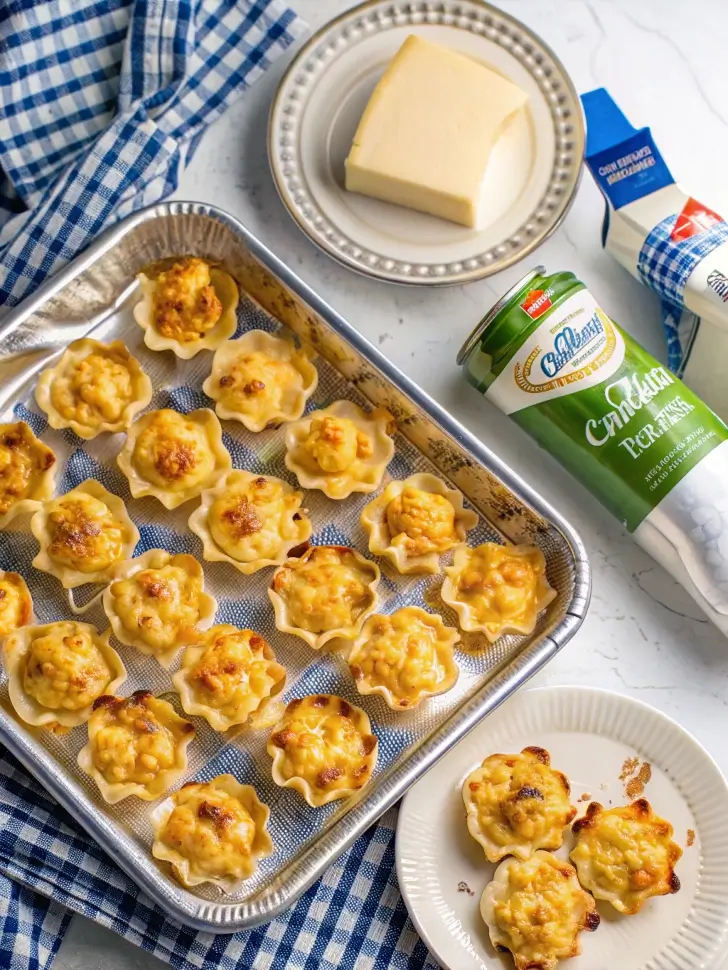 Plate of golden brown Iowa party bites showing sausage and pickle filling wrapped in crescent dough
