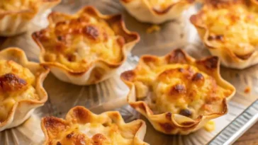 Plate of golden brown Iowa party bites showing sausage and pickle filling wrapped in crescent dough