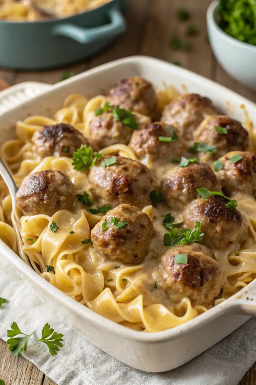 Swedish meatball noodle bake casserole in white dish with golden cheese topping and egg noodles