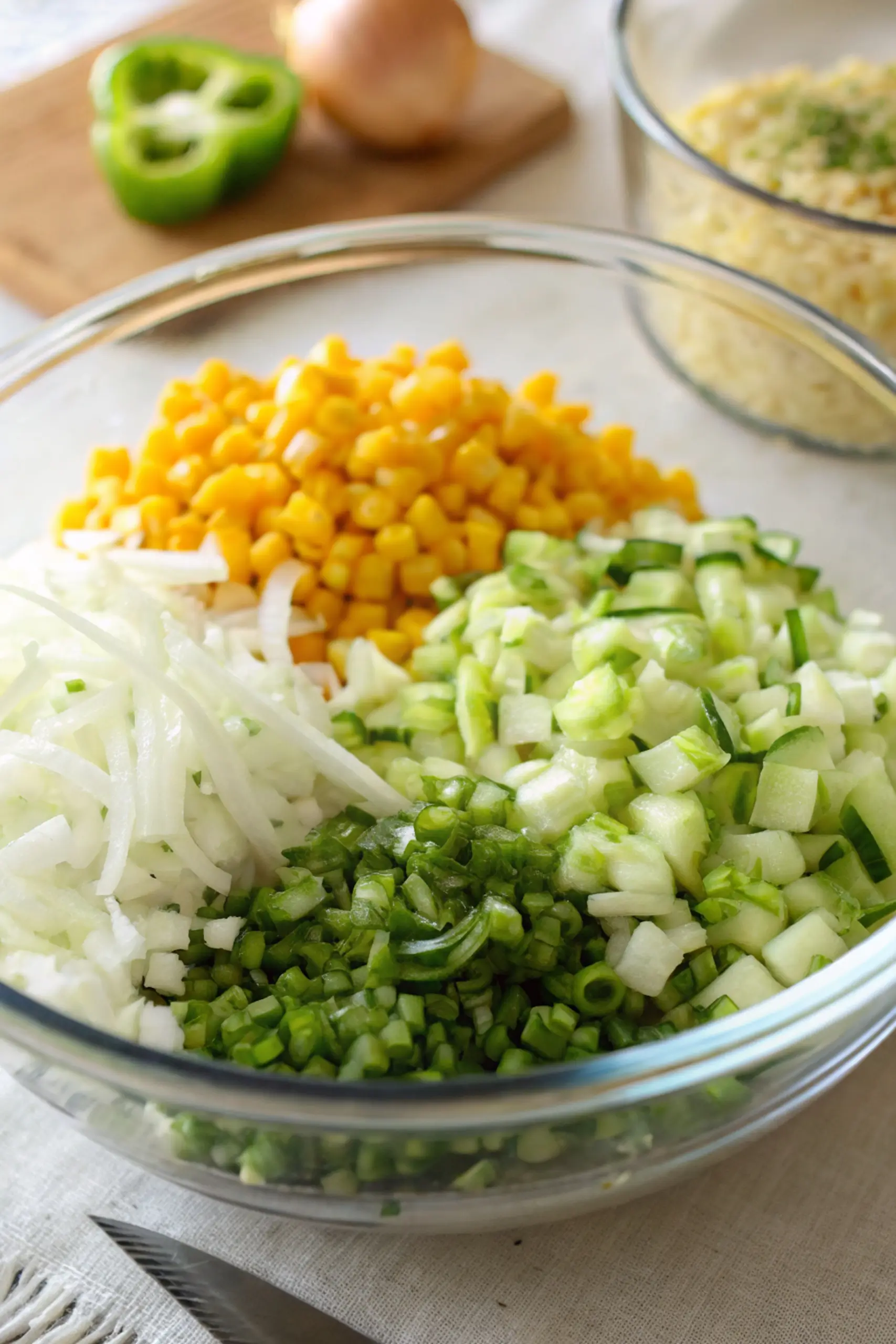  Zucchini cornbread casserole in a baking dish with melted cheddar cheese on top and golden brown edges