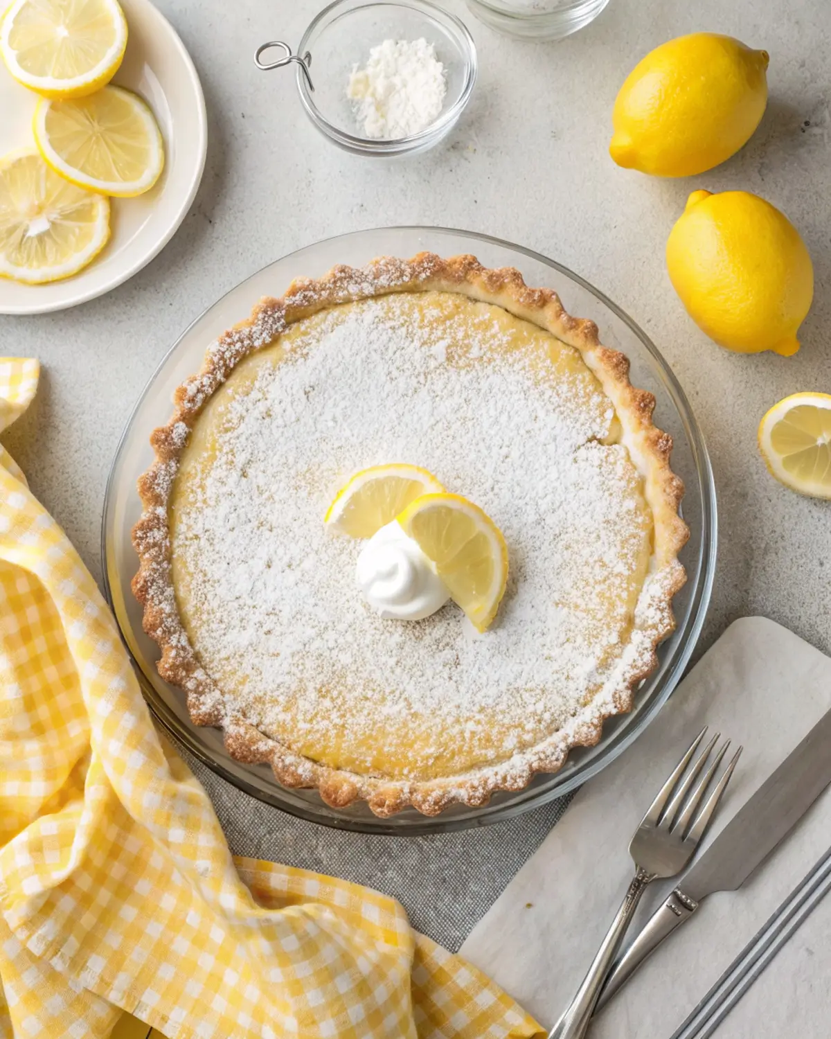 Slice of blender lemon pie on white plate with whipped cream / Lemon pie filling being poured from blender into graham cracker crust / Whole lemon pie with golden top cooling on wire rack