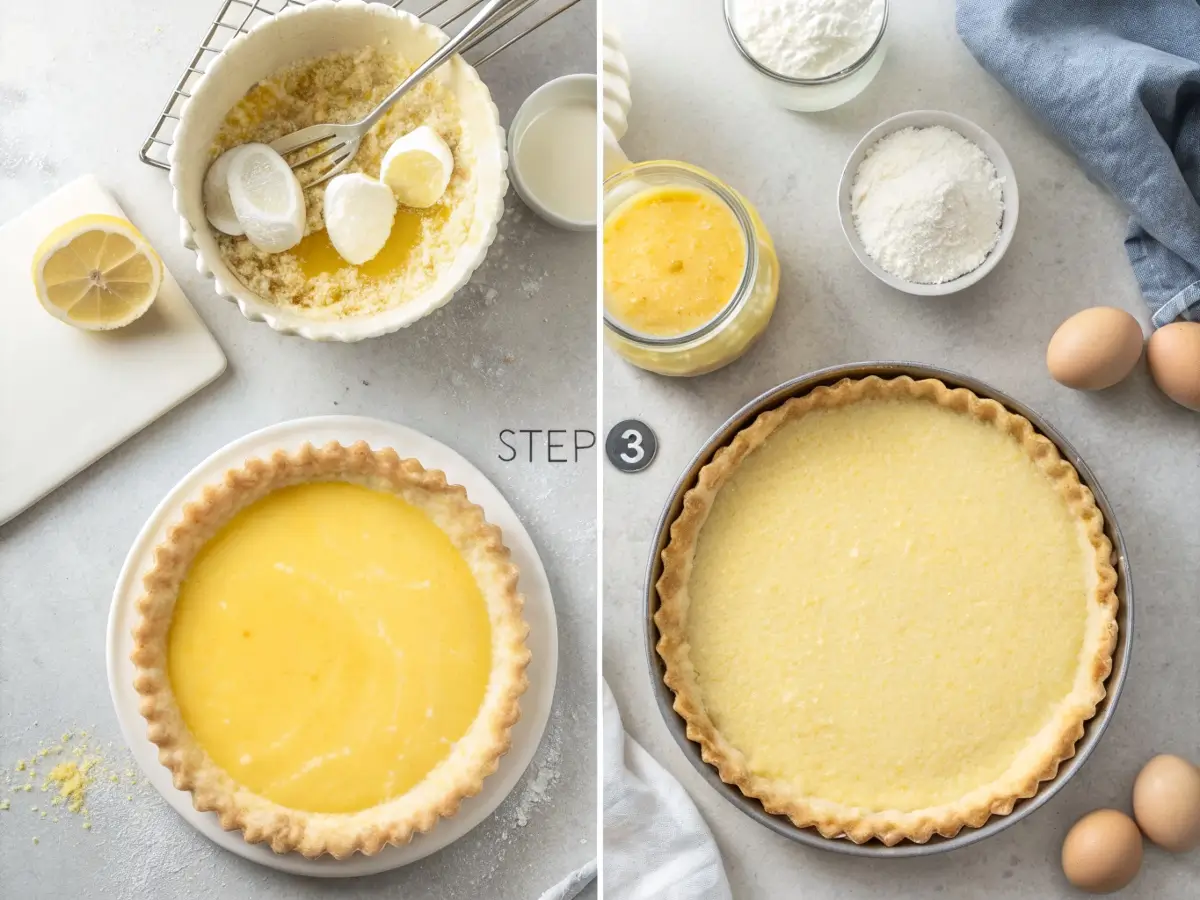 Slice of blender lemon pie on white plate with whipped cream / Lemon pie filling being poured from blender into graham cracker crust / Whole lemon pie with golden top cooling on wire rack