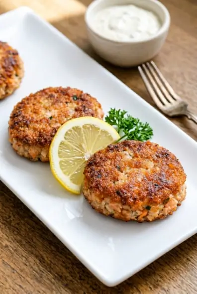 Four golden-crusted salmon patties in a cast iron skillet, crispy at the edges, served with lemon wedges and a small bowl of creamy dipping sauce on a white linen surface. 