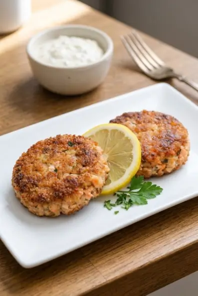 Four golden-crusted salmon patties in a cast iron skillet, crispy at the edges, served with lemon wedges and a small bowl of creamy dipping sauce on a white linen surface. 