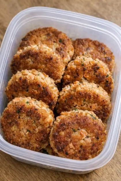 Hands pressing a salmon patty mixture into a round flat disc on a white plate, with a bowl of mixed salmon and cream cheese visible alongside.