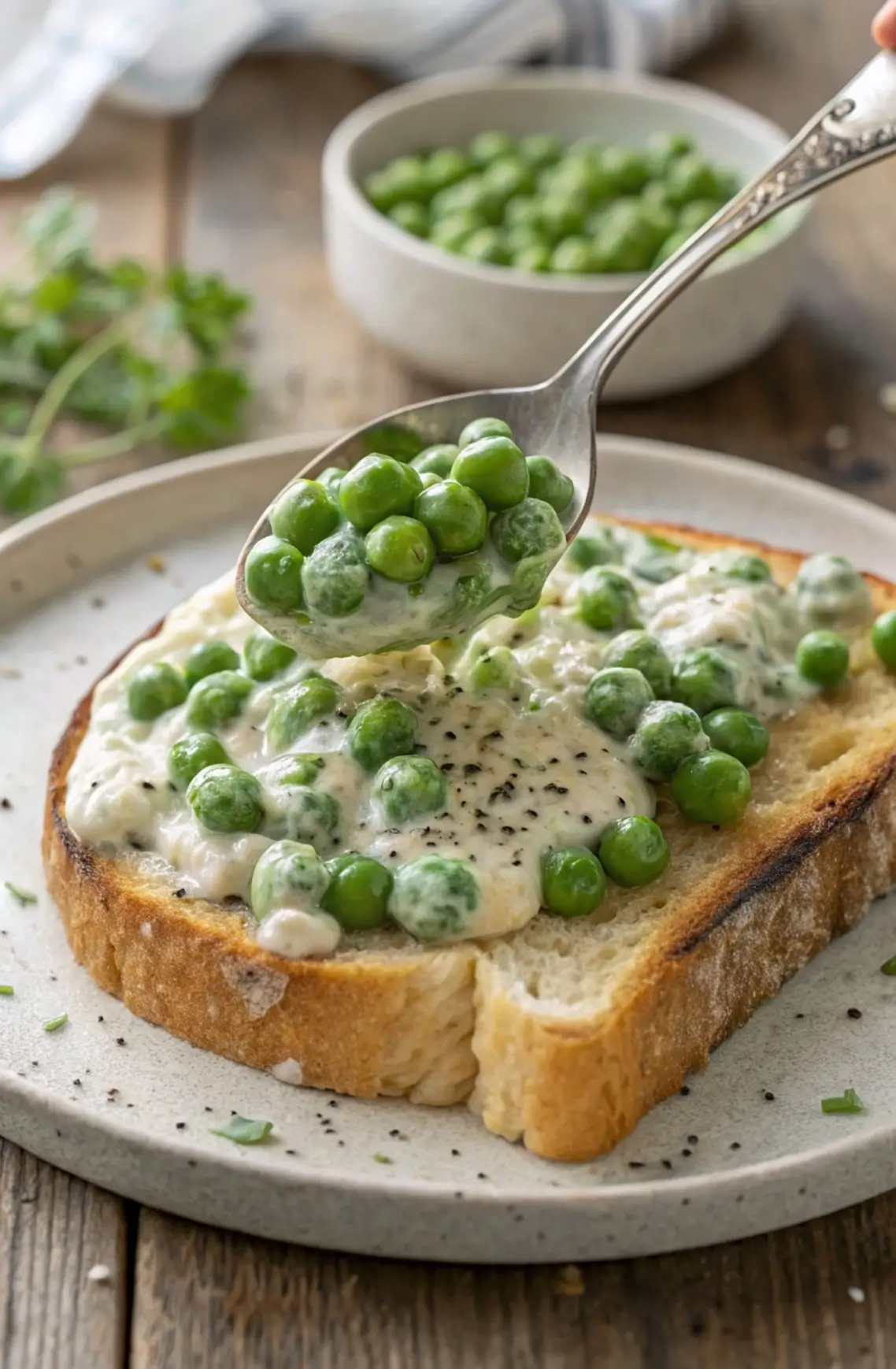 Two thick slices of sourdough toast on a white plate, topped generously with creamed peas in a silky white sauce, finished with cracked black pepper and fresh chopped chives.