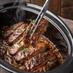 Sliced slow cooker beef brisket on a wooden cutting board, surrounded by roasted carrots and a small bowl of dark braising sauce, with a rustic linen napkin to the side.