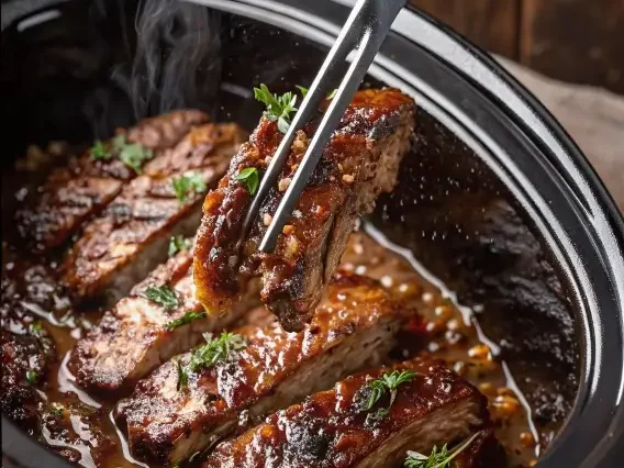 Sliced slow cooker beef brisket on a wooden cutting board, surrounded by roasted carrots and a small bowl of dark braising sauce, with a rustic linen napkin to the side.