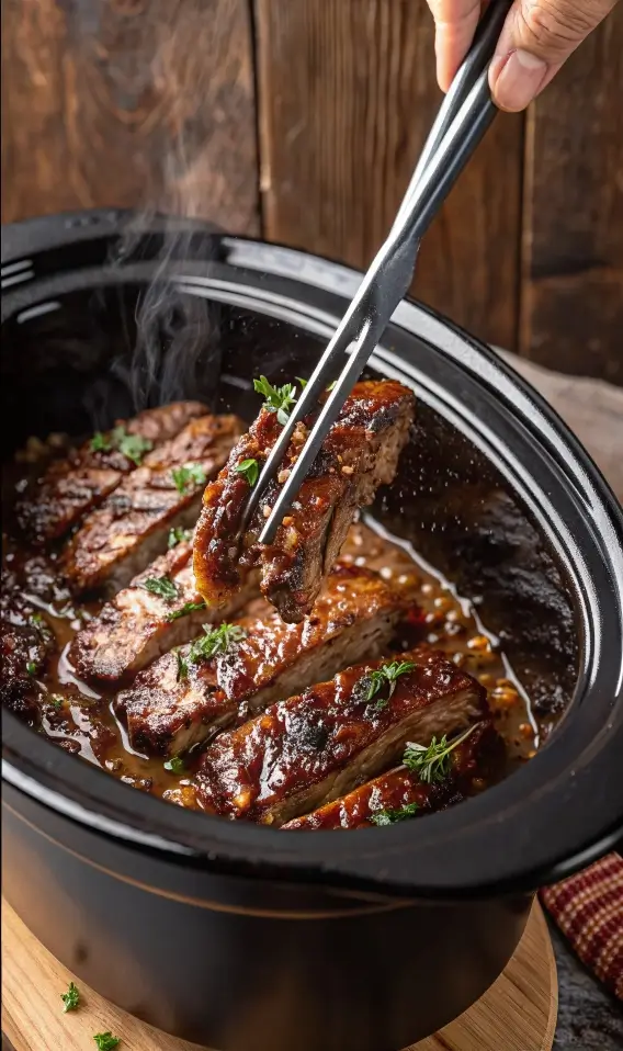 Sliced slow cooker beef brisket on a wooden cutting board, surrounded by roasted carrots and a small bowl of dark braising sauce, with a rustic linen napkin to the side.