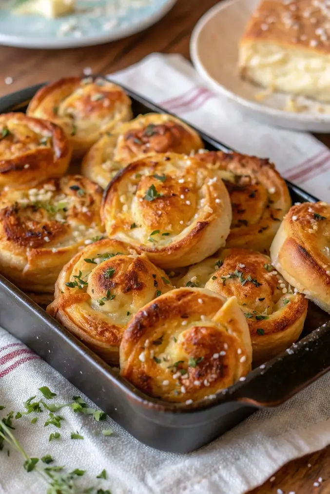 A pulled-apart sandwich crust garlic roll photographed on a white ceramic plate, showing the swirled interior layers, golden baked exterior, and flecks of bright green parsley, with a small bowl of marinara dipping sauce visible in the soft-focus background. 